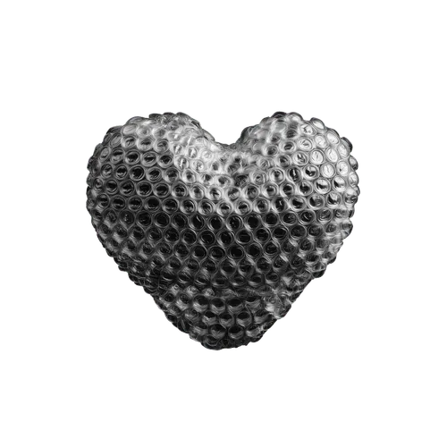Black and white heart shape wrapped in bubble wrap on a transparent background.