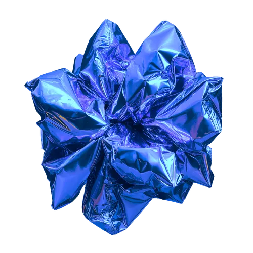 Crinkled, shiny metallic blue foil forming a star-like abstract shape.