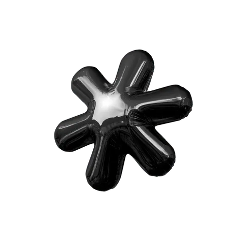 Black shiny balloon shaped like an asterisk symbol with six rounded arms.
