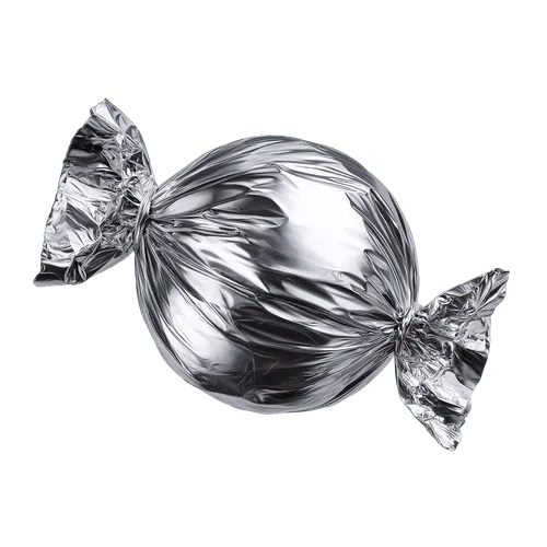 A candy wrapped in shiny, crinkled silver foil with twisted ends on both sides.