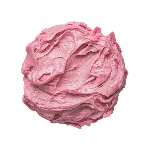 Close-up of a textured dollop of smooth pink cream or frosting with glossy highlights.